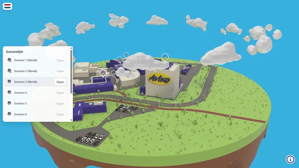 De 3D-kaart van de Aviko 3D Academy met een keuzelijst van trainingsscenario's naast het Aviko-fabrieksgebouw