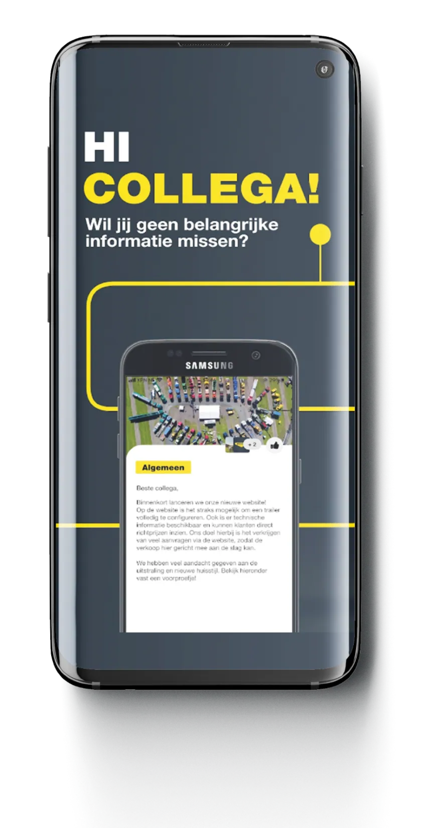 BroshuisTalk App: nieuwsbericht 'Hi collega!' op de telefoon