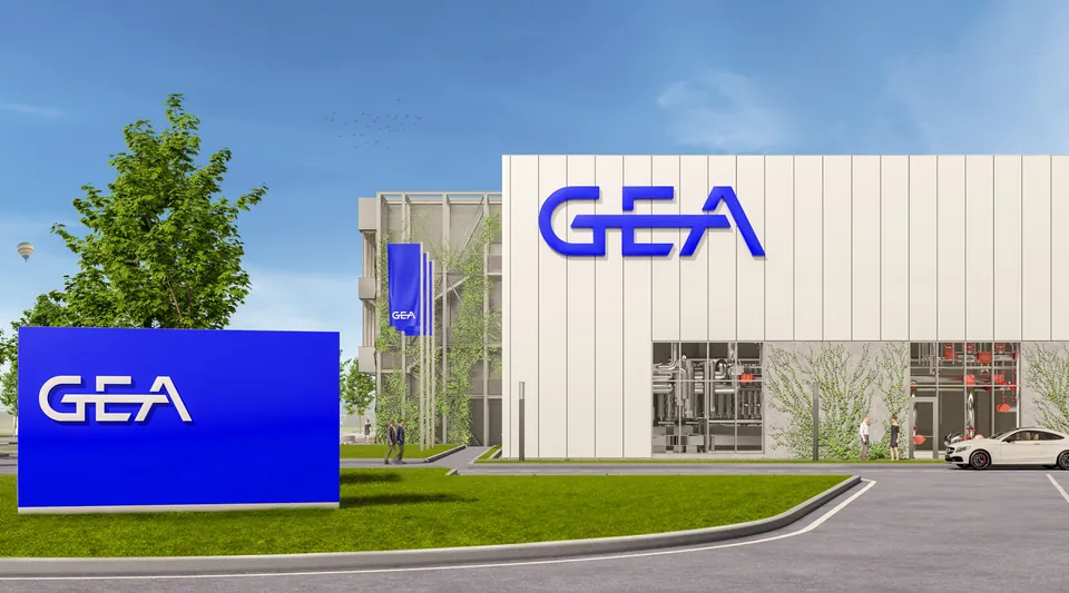 3D-visualisatie van het GEA-gebouw met het blauwe GEA-logo op de gevel