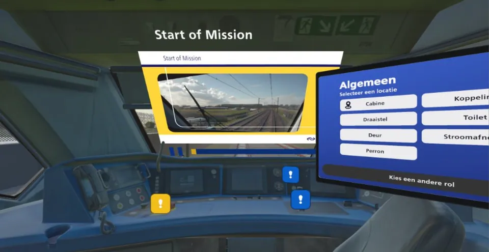 Interactieve VR-simulatie van een treincabine met klikbare hotspots