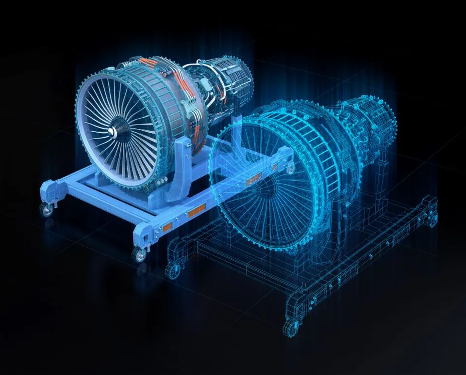 Digital twin: een fysieke machine met zijn digitale wireframe-versie